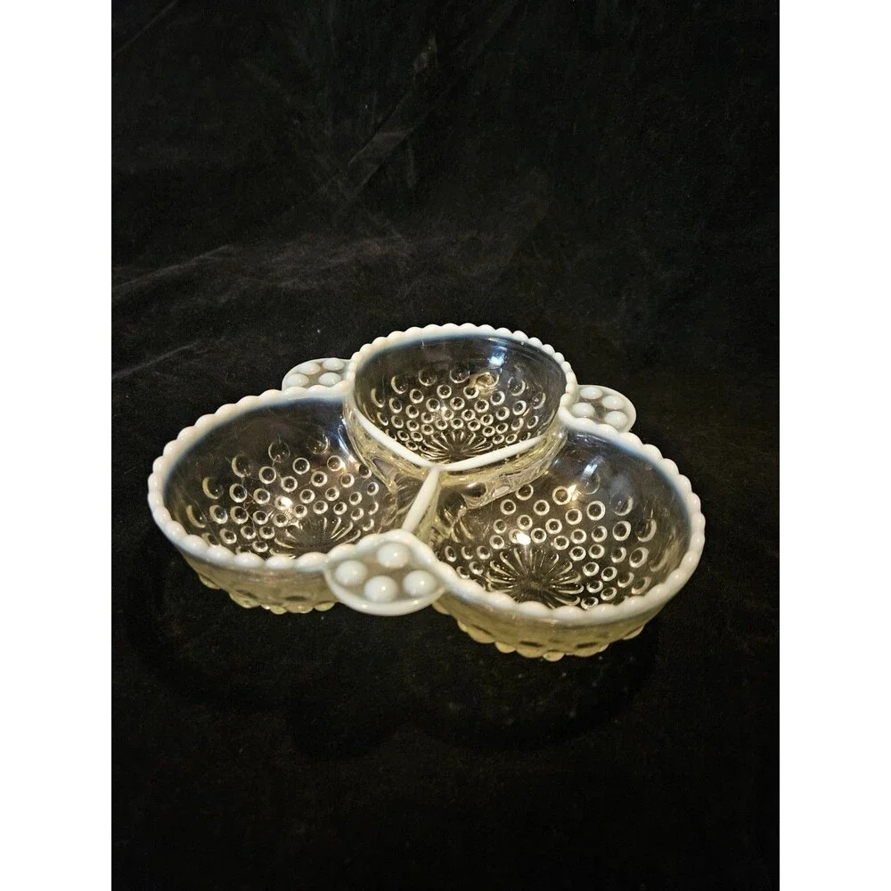 Hocking Glass Co. Vintage Moonstone Hobnail Divided Relish Candy Dish 3 Section